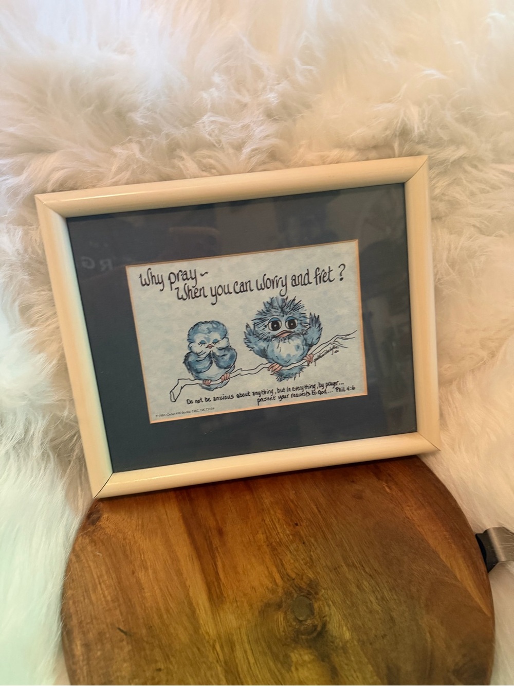 Vintage 1990 Gretchen Jackson Framed Blue Owl Wall Art - White Frame